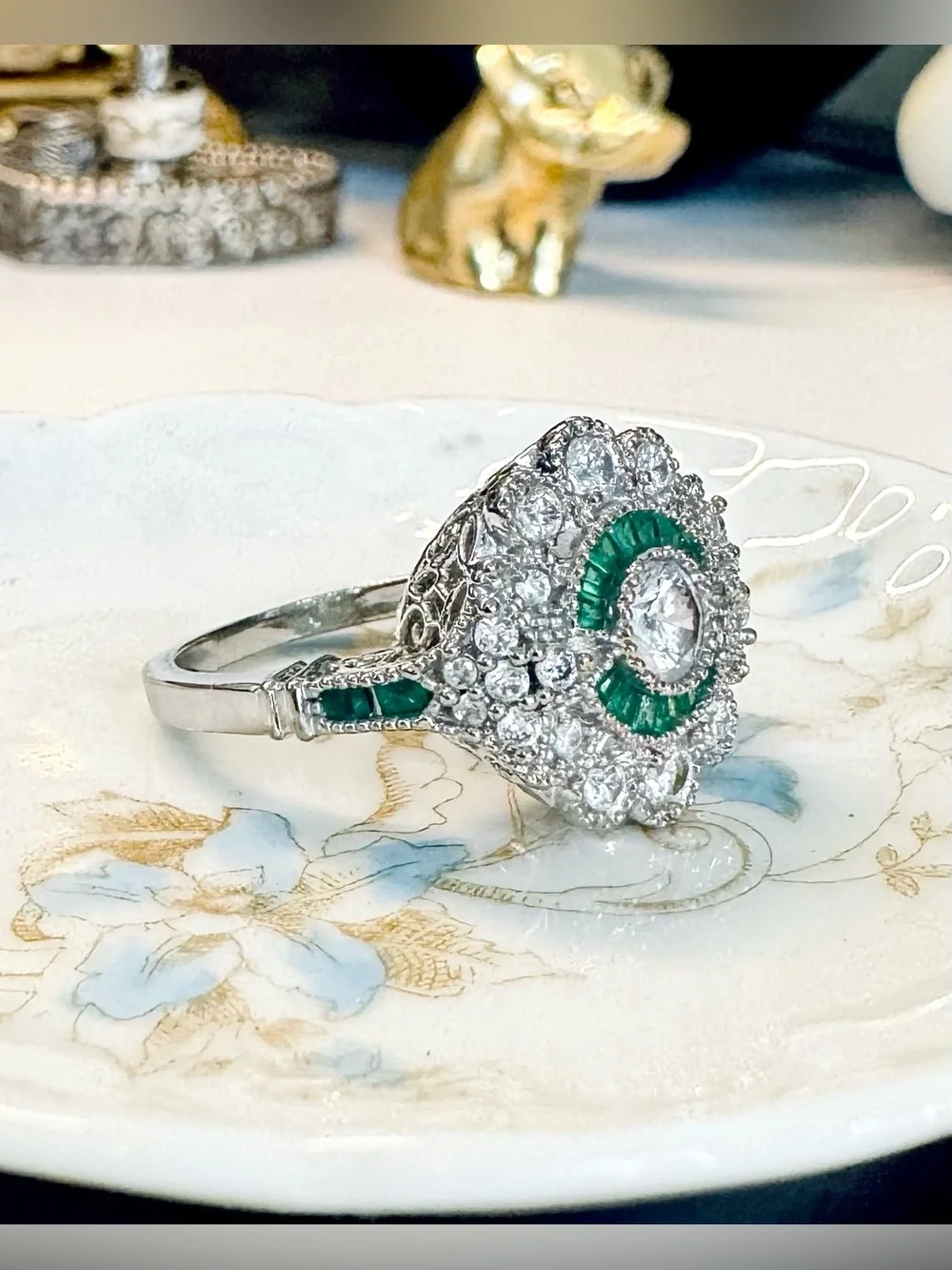 Sterling Silver Art Deco Emerald & White CZ Target Ring (9)